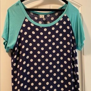 Navy blue w/ white polka dot blouse & teal sleeves